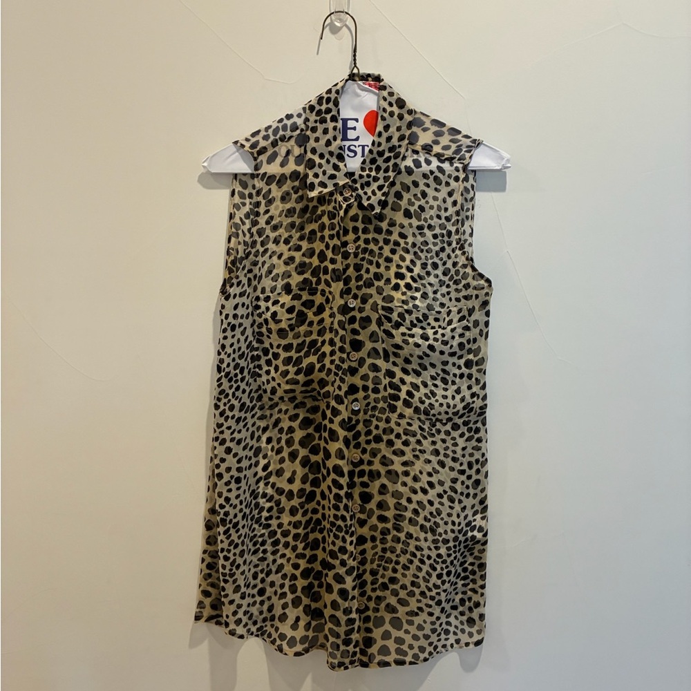 Equipment Brown and Black Sleeveless Notched Collar Shirt